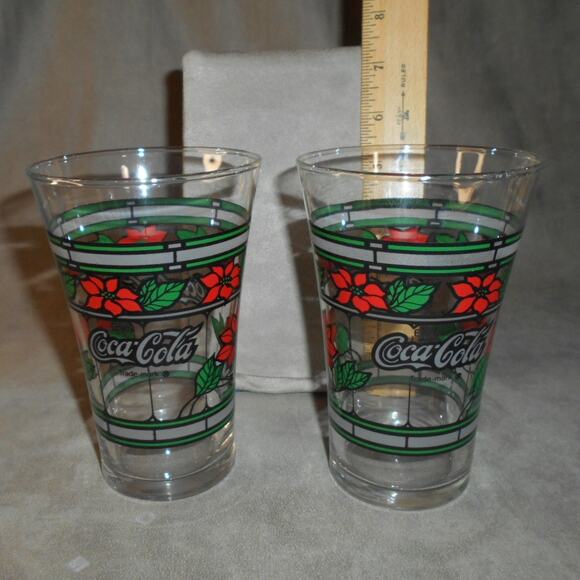 Vintage Coca-Cola Holiday Stained Glass Poinsettia Glasses Lot of 2 Tumblers - Picture 2 of 9